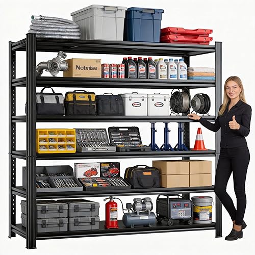 Miniatura 18 de Estantería de metal para garaje, estantes de almacenamiento de acero resistente, capacidad de 3000 libras, estante de metal ajustable de 5 niveles,