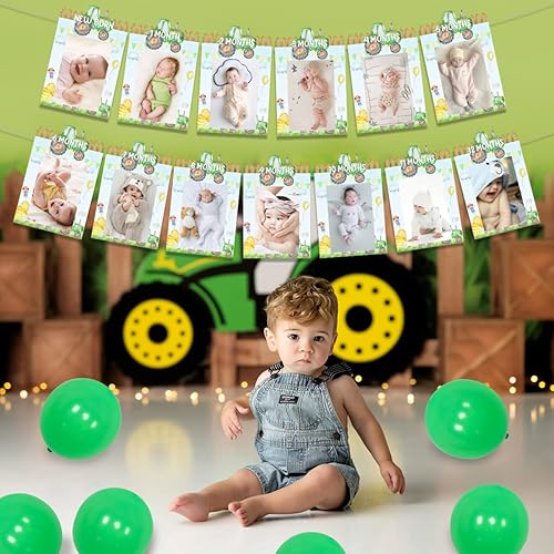 Miniatura 6 de Wonmelody Decoraciones de primer cumpleaños de tractor, pancarta de fotos de tractor de granja de recién nacido a 12 meses, pancarta de cumpleaños