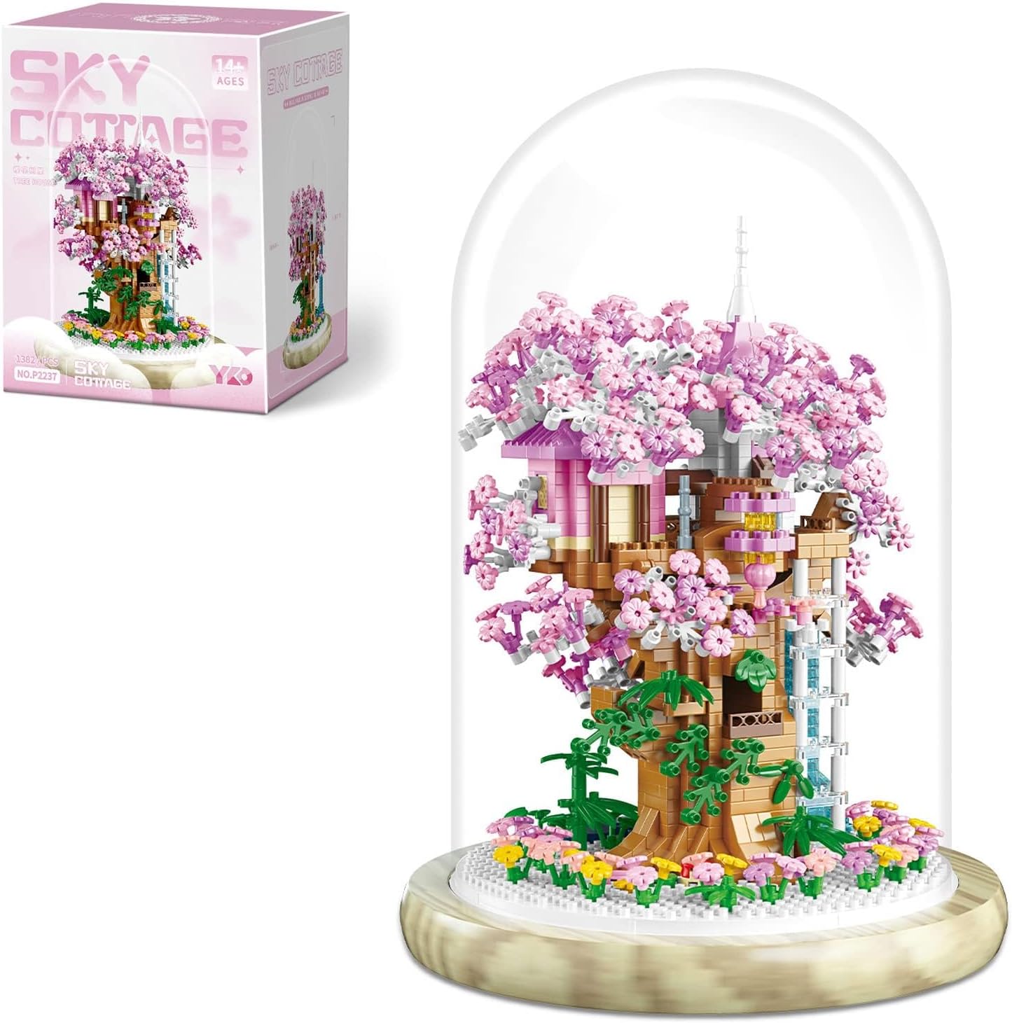 Insgen Cherry Blossom Bonsai Tree House Building Flowers Set for Adults, 1382 Pcs Micro-Particle Ideas Sakura Tree Building Blocks, Complete with String Lights, Dust Cover, and Wooden Base