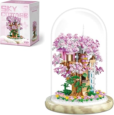 Insgen Cherry Blossom Bonsai Tree House Building Set for Adults, 1382 Pcs Micro-Particle Ideas Sakura Tree, Complete with String Lights, Dust Cover, and Wooden Base(Not Compatible with Lego Set)