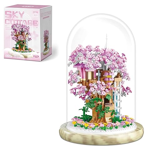 Insgen Cherry Blossom Bonsai Tree House Building Flowers Set for Adults, 1382 Pcs Micro-Particle Ideas Sakura Tree Building Blocks, Complete with String Lights, Dust Cover, and Wooden Base