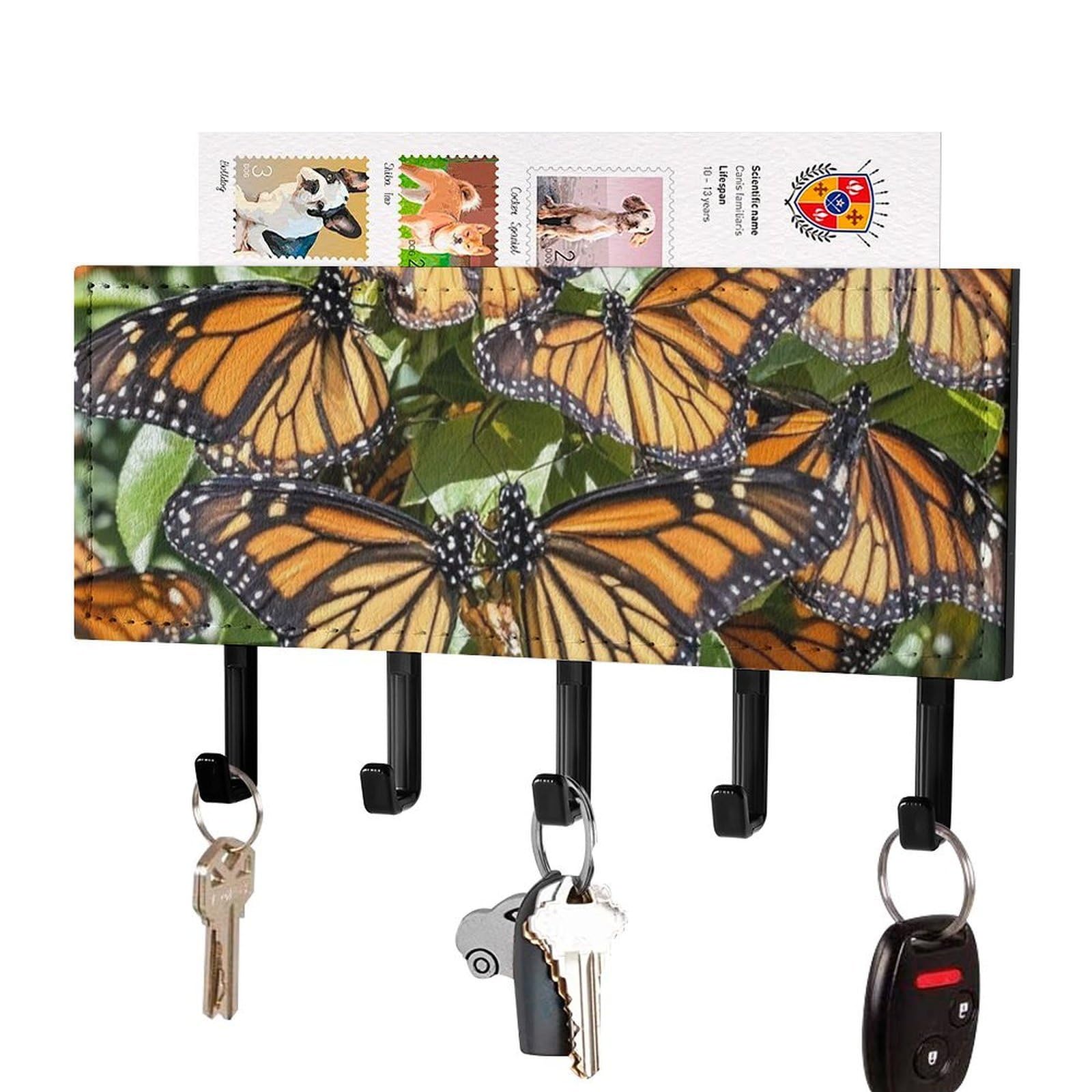 Heaps of Orange Monarch Butterflies Key Holder Wall Mount Key Hanger with 5 Hooks Decorative Key Rack Hanging Key Hooks with Mail Organizer Key Holder for Wall Living Room Kitchen Bathroom Hallway Bla