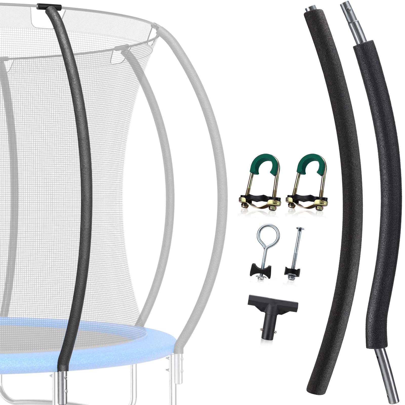 Juego de postes curvados de repuesto para cama elástica – 1 barra de seguridad superior y 1 inferior de ajuste universal para 2,4 – 4,8 m, incluye postes de red acolchados de espuma con conector en T