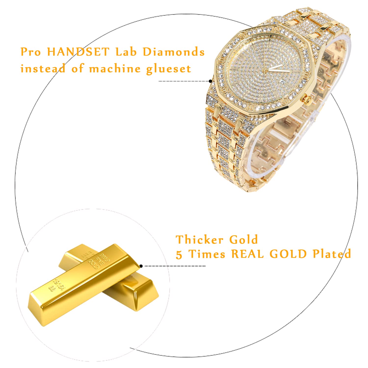 The Elite - Reloj de diamantes para hombre, chapado en oro real de 18 quilates, chapado en oro blanco platino y diamantes helados, esfera octogonal de 1.57 pulgadas de ancho, pulsera de 8.7 3