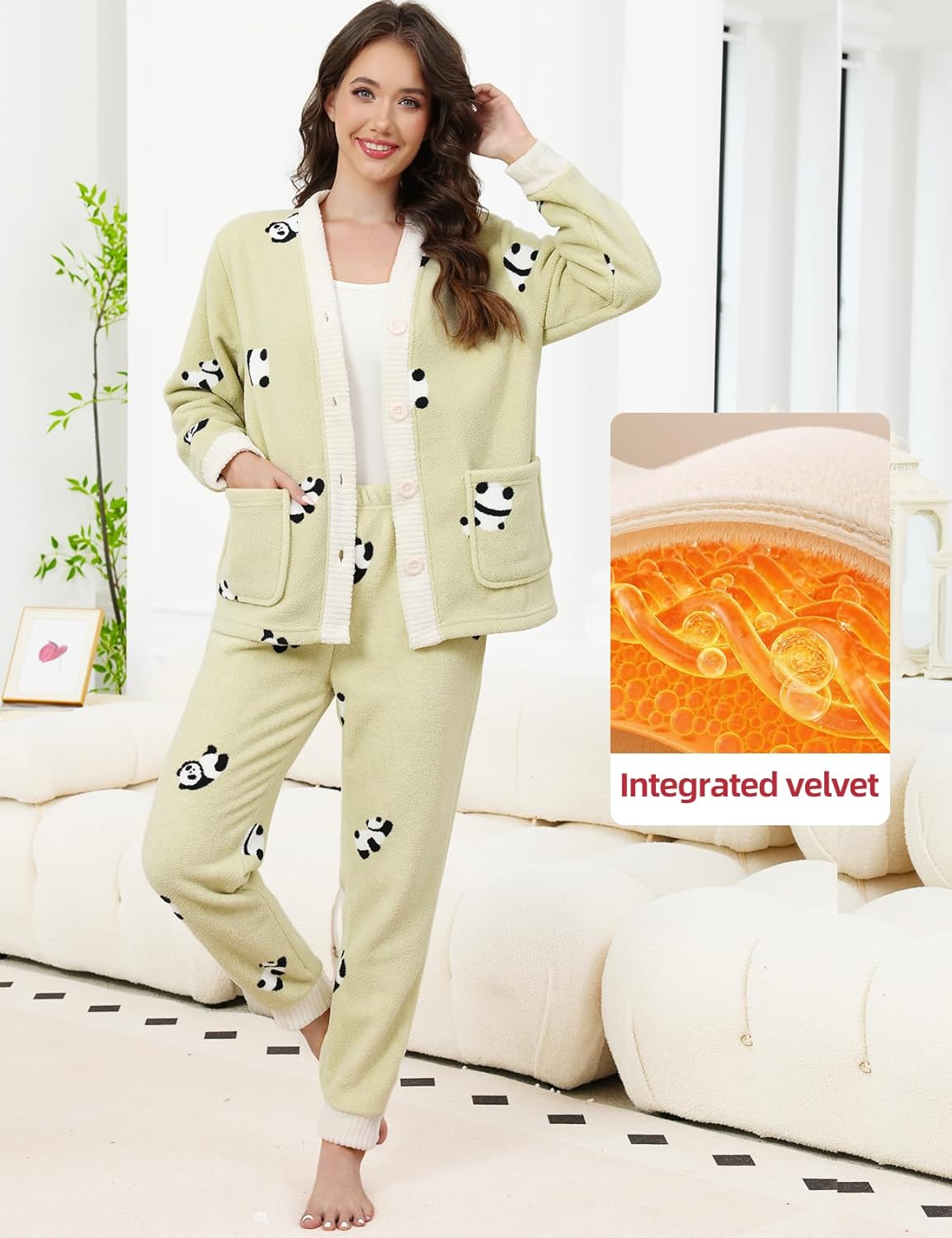 Gihuo Fleece Pajamas for Women Set Fuzzy Warm 2 Piece Winter Sleepwear Soft Cozy Pjs with Pockets - Image 4