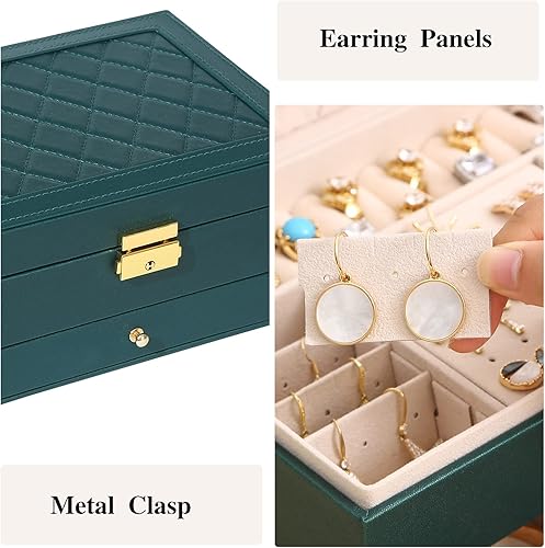 Miniatura 4 de MXJOJO - Caja organizadora de joyas con cerradura de doble capa para mujeres, cajas grandes de cuero para aretes, pulseras, anillos, collares,