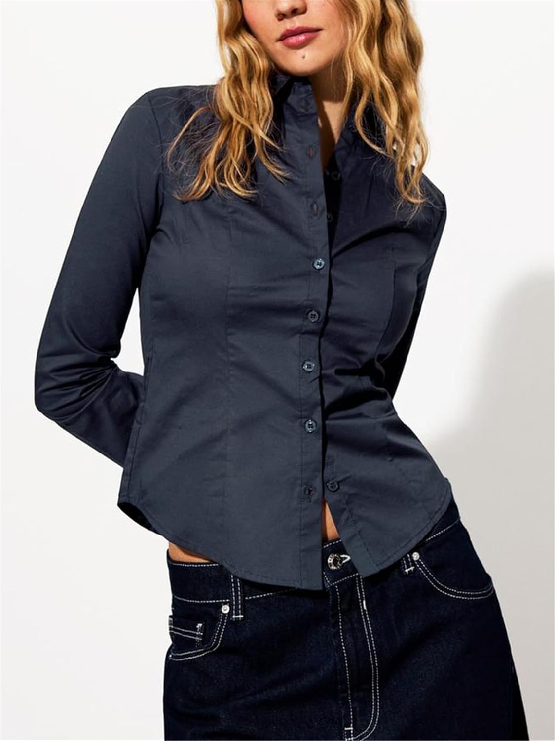 Women Y2K Slim Fit Button Up Shirt Sexy Long Sleeve V Neck Solid Color Crop Blouse Casual Aesthetic Preppy Streetwear - Image 2