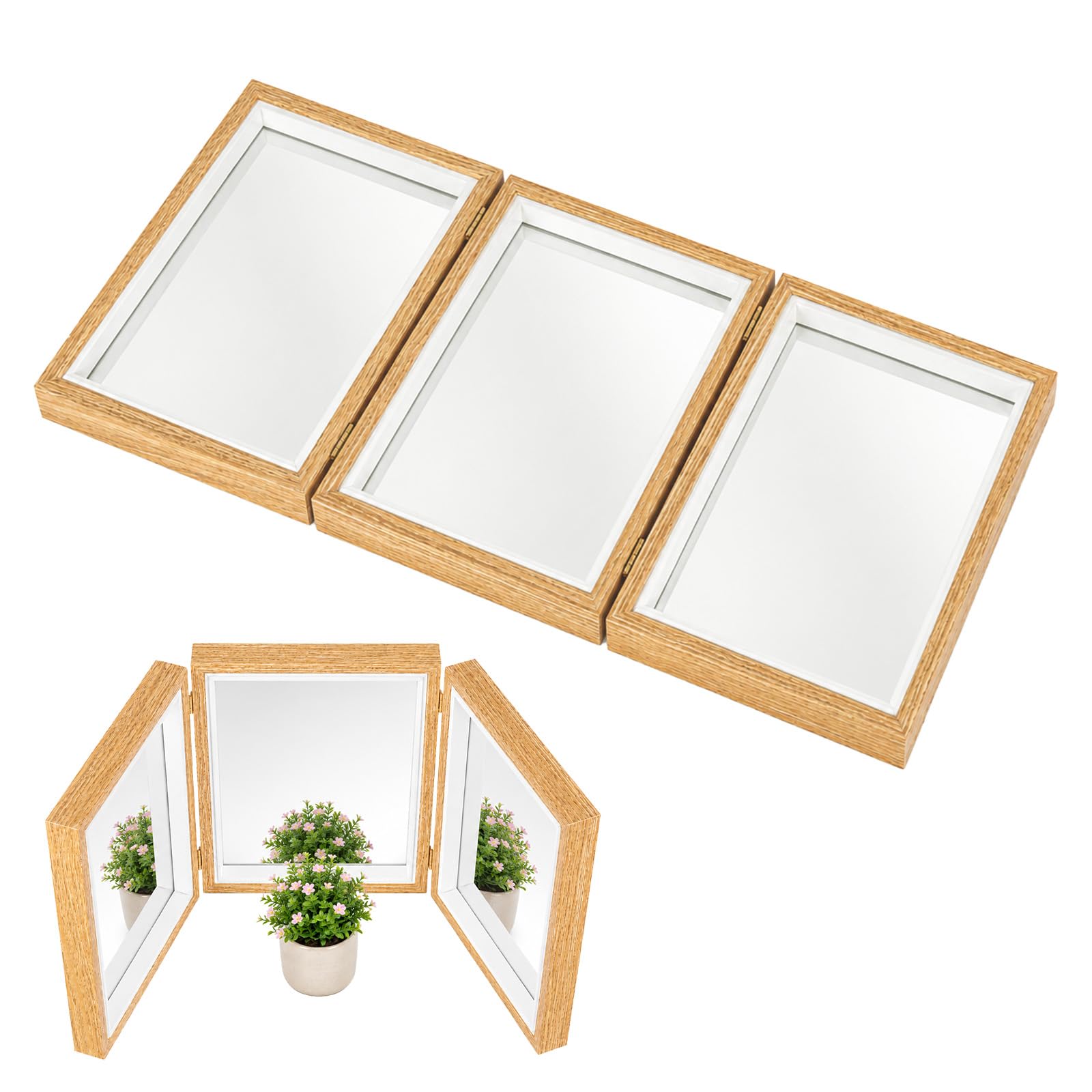 GreenWhim 3-in-1 Foldable Safety Acrylic Mirror, 51 x 22 x 2.5 cm Wooden Tri-Fold Sensory Exploration Mirror Set, Montessori Educational Learning Toy for Light Table & Early Development