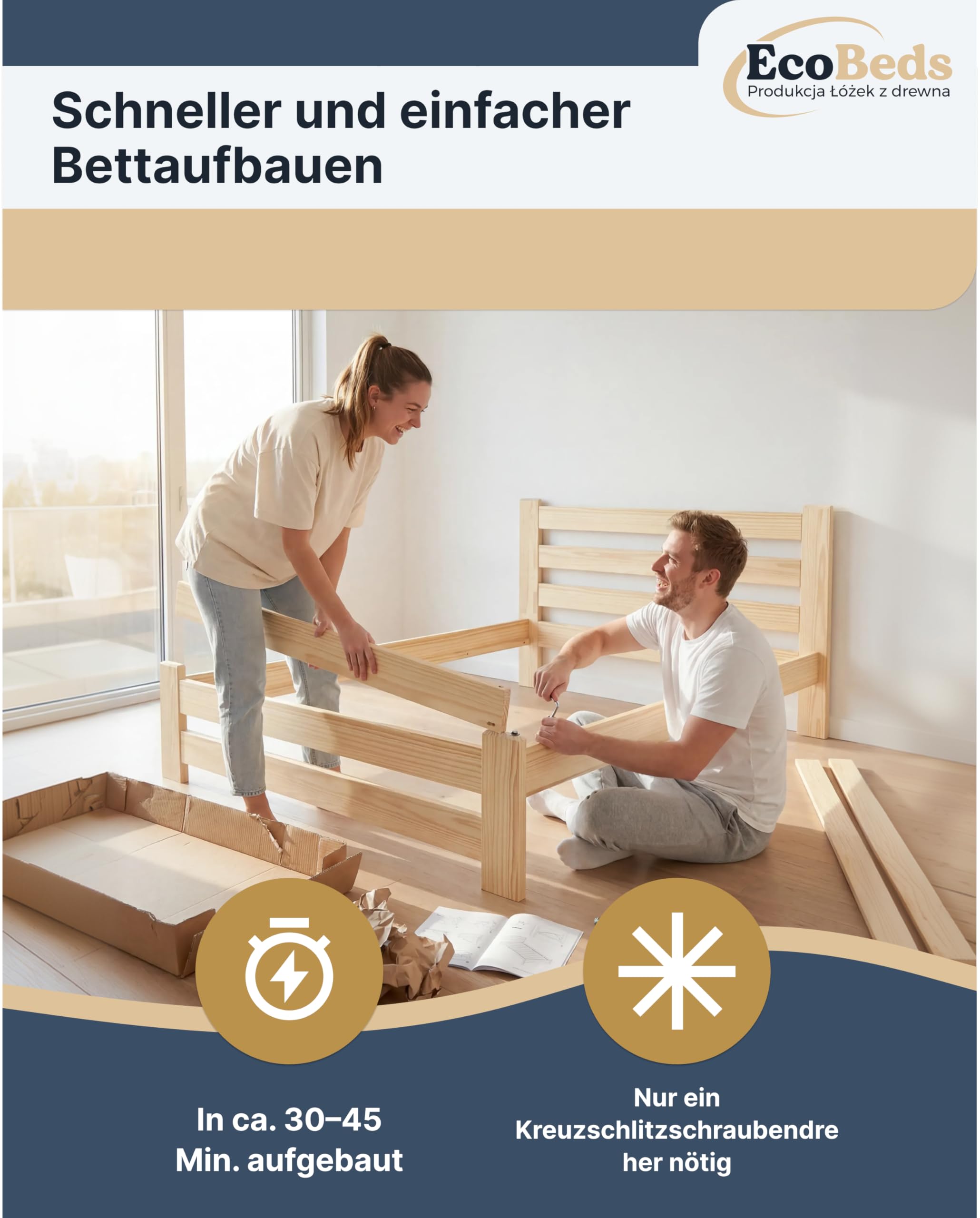 EcoBeds EKO Holzbett 180x200 cm Kiefer Massivholz bis 200 kg | Weiß - Doppelbett, Bettgestell mit Lattenrost und Stauraum, für Erwachsene, robust, einfache Montage
