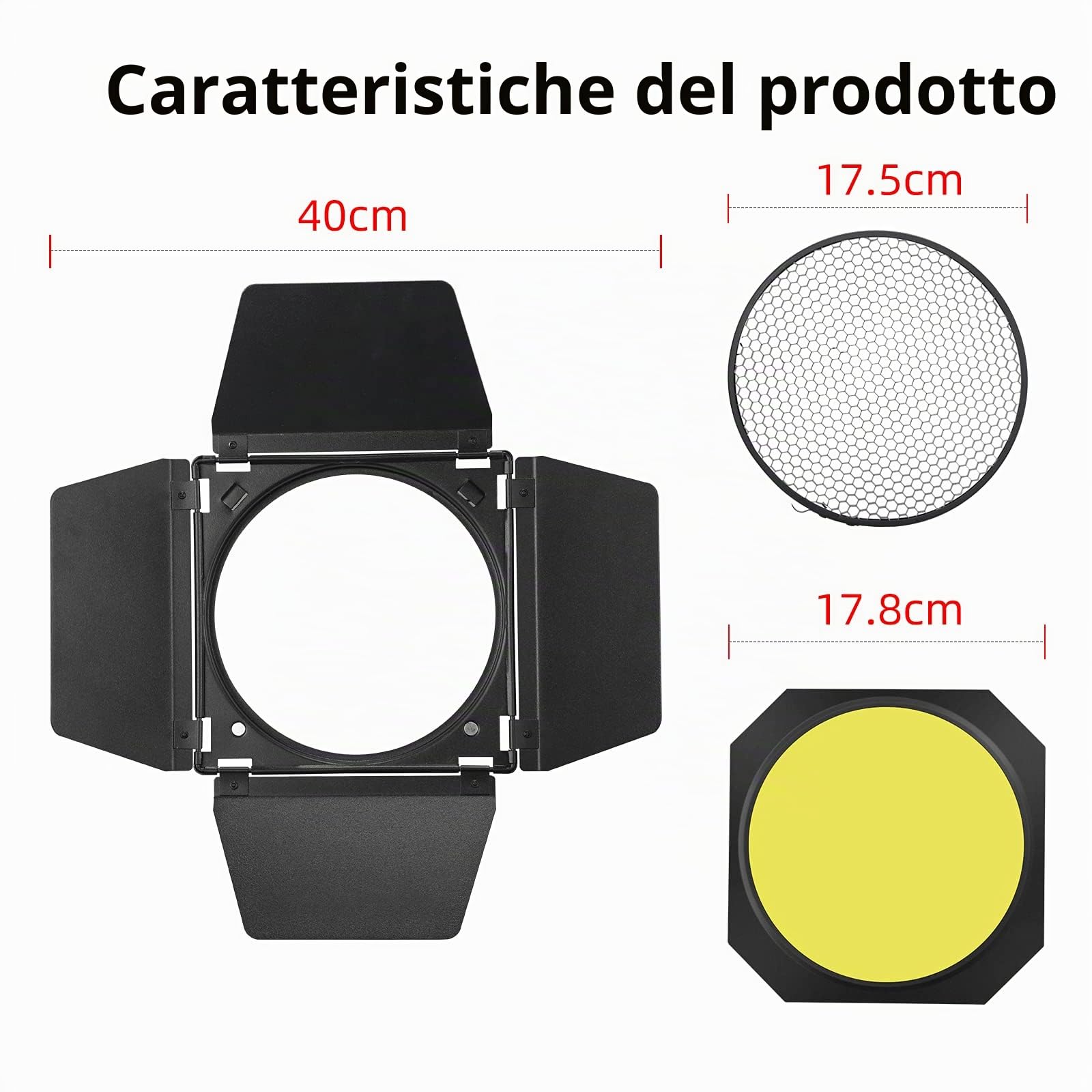 Godox BD-04 Barn Door in metallo e griglia a nido d'ape e 4 filtri gel colorati, compatibile con i riflettori standard con attacco Bowens compatibile con la luce video LED GODOX NEEWER Amaran Aputure