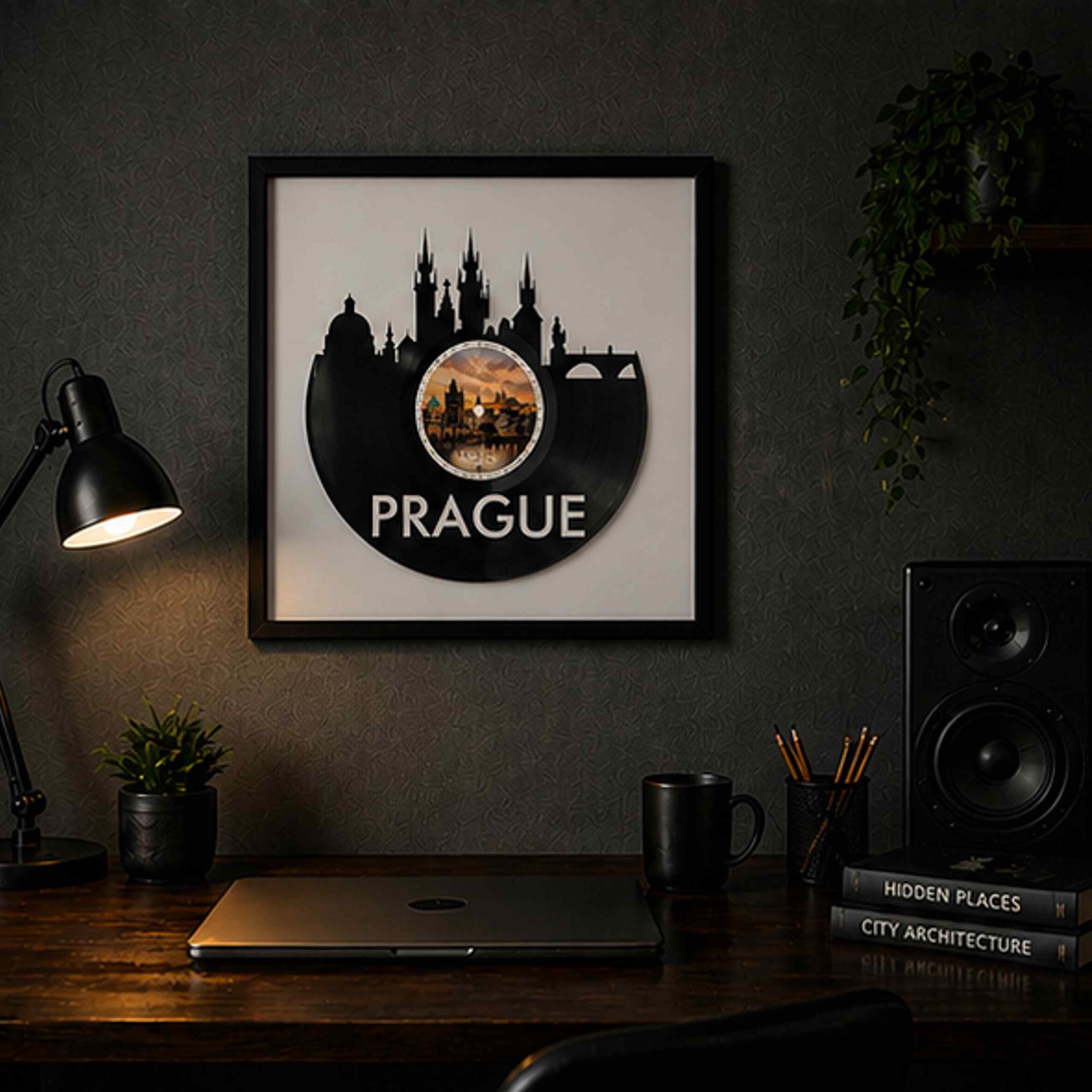 EVEVO Dekoracja ścienna z płyty gramofonowej w ramie 32 x 32 cm Praga - winylowa sztuka ścienna, prezent dla fanów Pragi