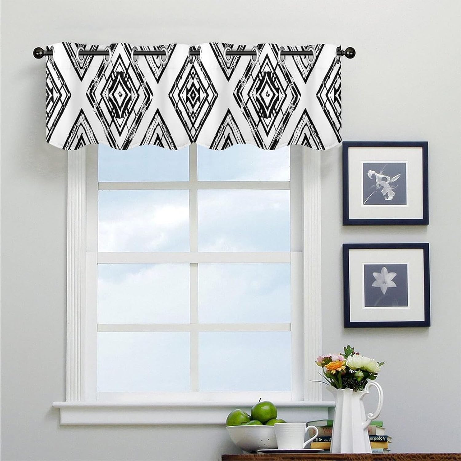 Inky Black Lines Valance for Windows, 2 Pack Kitchen Curtains Modern Home Decor, Soft Blackout Window Curtains for Living Room & Bedroom, 18 X 52 Inch