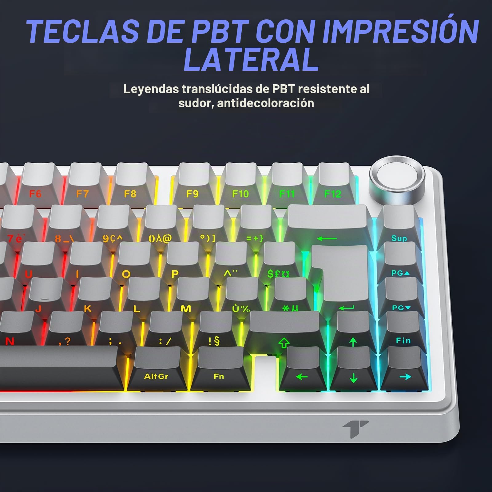TECURS Teclado mecánico para juegos: 75% ISO-FR inalámbrico de intercambio en caliente, montaje en cesta, RGB, MK209 teclado para juegos AZERTY con knob, teclado tri-modo TKL, teclas PBT, sonido