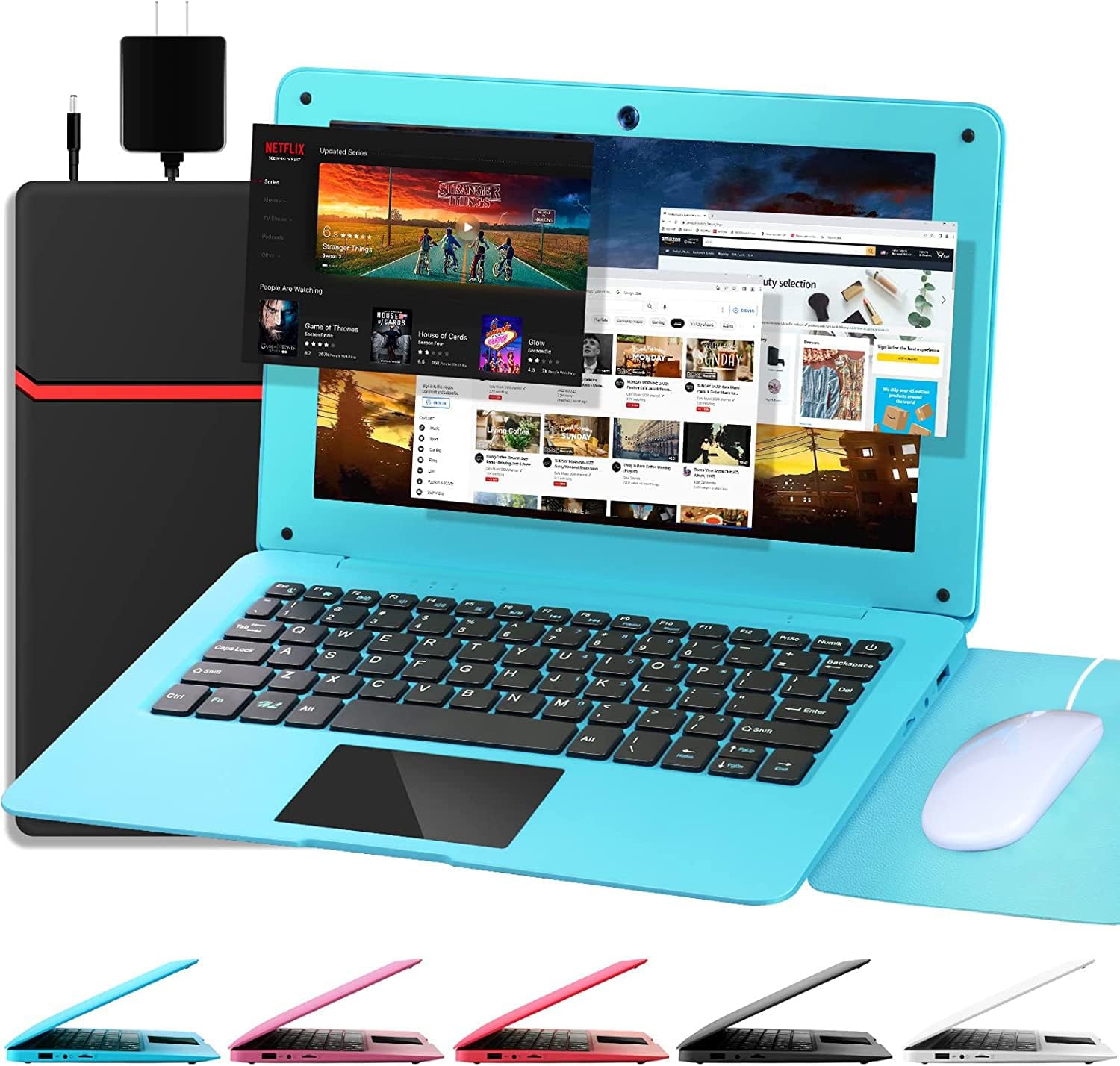 Laptop Computer(10.1 inch), Quad Core Powered by Android 12.0, Netbook Computer with WiFi, Webcam and Bluetooth, Mini Laptop with Bag, Mouse, and Mouse Pad for Kids and Adults（Blue）