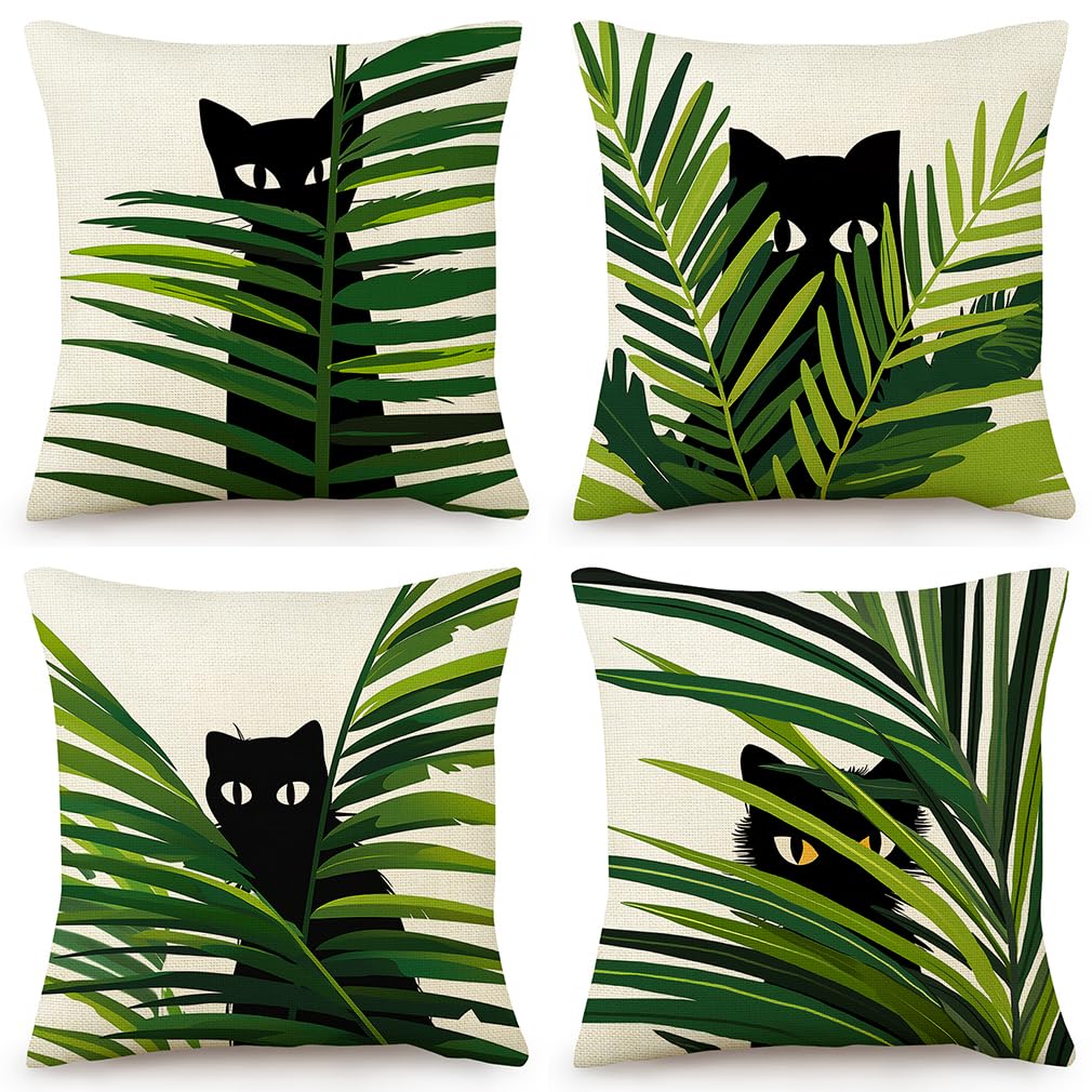 Coussin Decoratif Canapé Housse 60X60 Chat Coton Lin Quatre Saisons