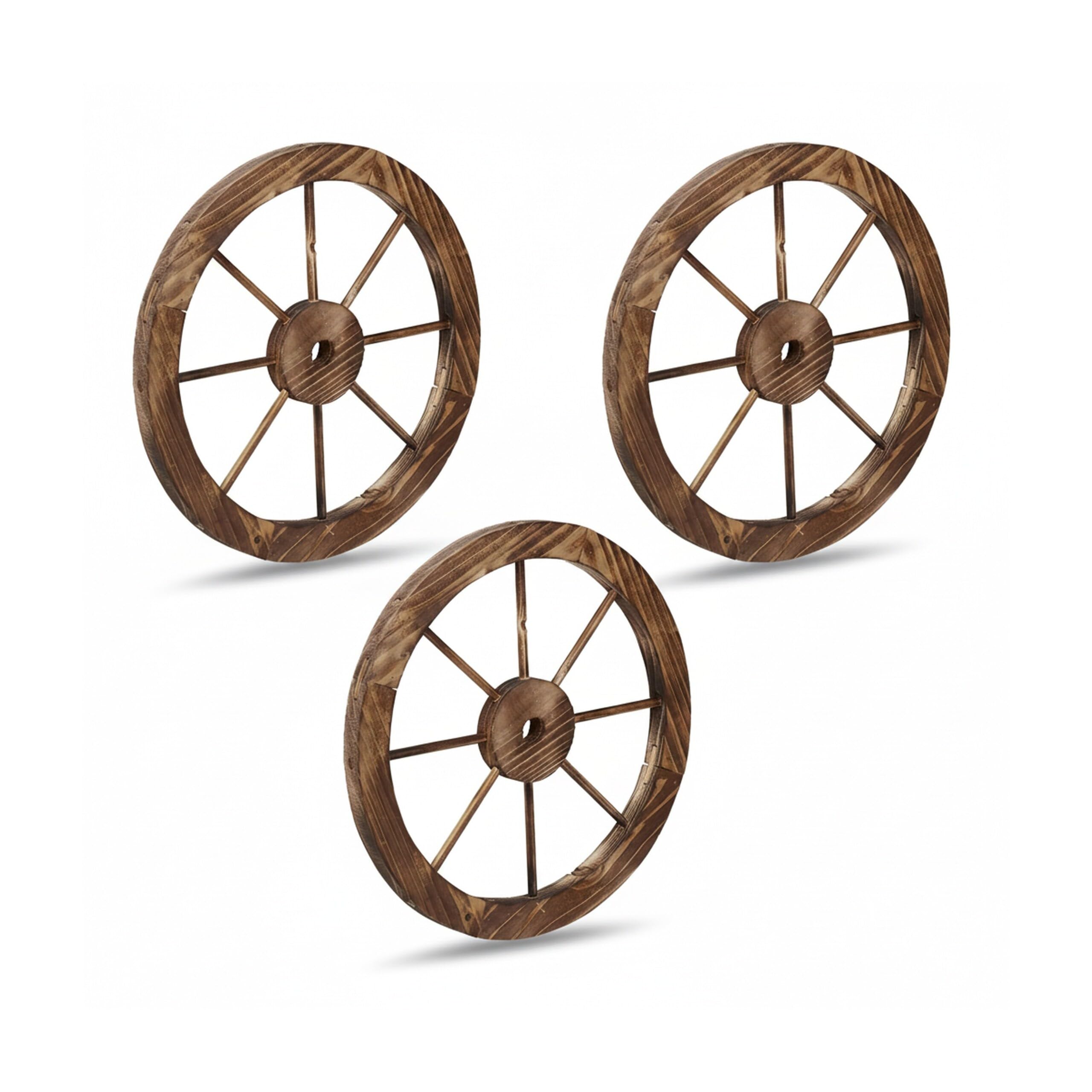 Relaxdays 3 Ruedas de Carro Decorativas, Madera, Adorno para Jardín, Terraza, Veranda, Rústico, Salón, Western, Marrón