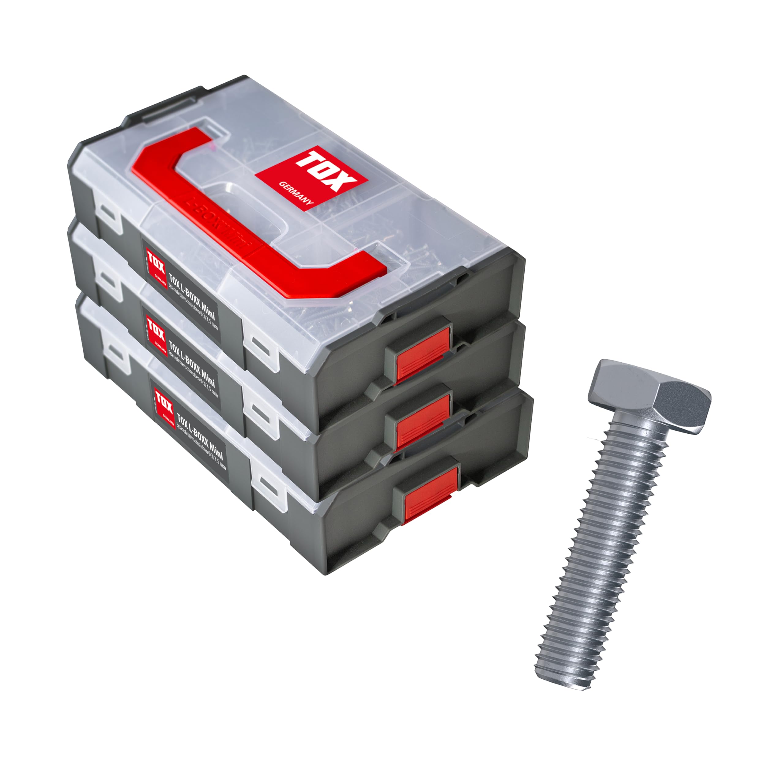 TOX L-BOXX Mini Sechskantschrauben-Sets mit M5, M6, M8 und M10, 3 verklickbare Sortierboxen mit insgesamt 18 Größen und 620 Maschinenschrauben DIN 933, großer Vorrat, 094909171