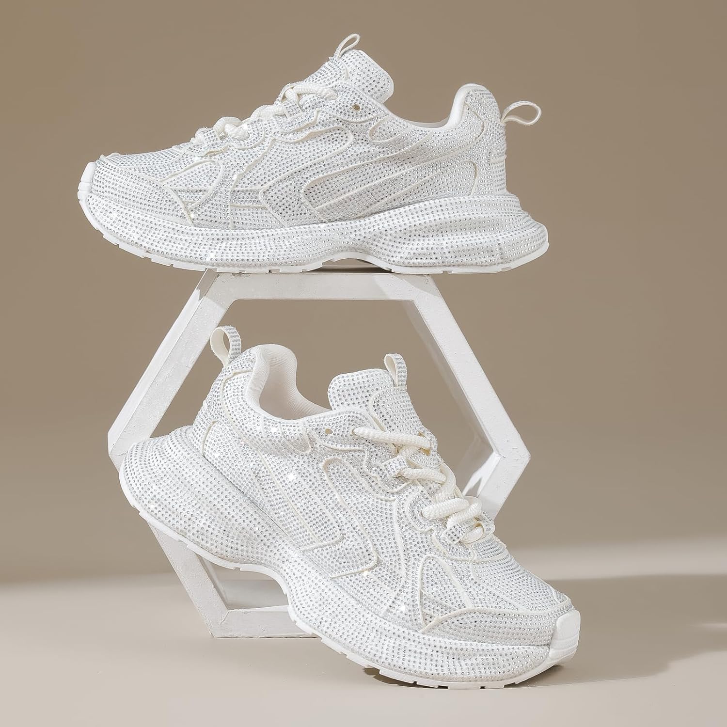 Women Glitter Shoes Rhinestone Lace Up Sparkly Walking Sneakers for Women Shiny Fashion Bling Dressy Sneakers Disco Wedding Shoes - Image 3