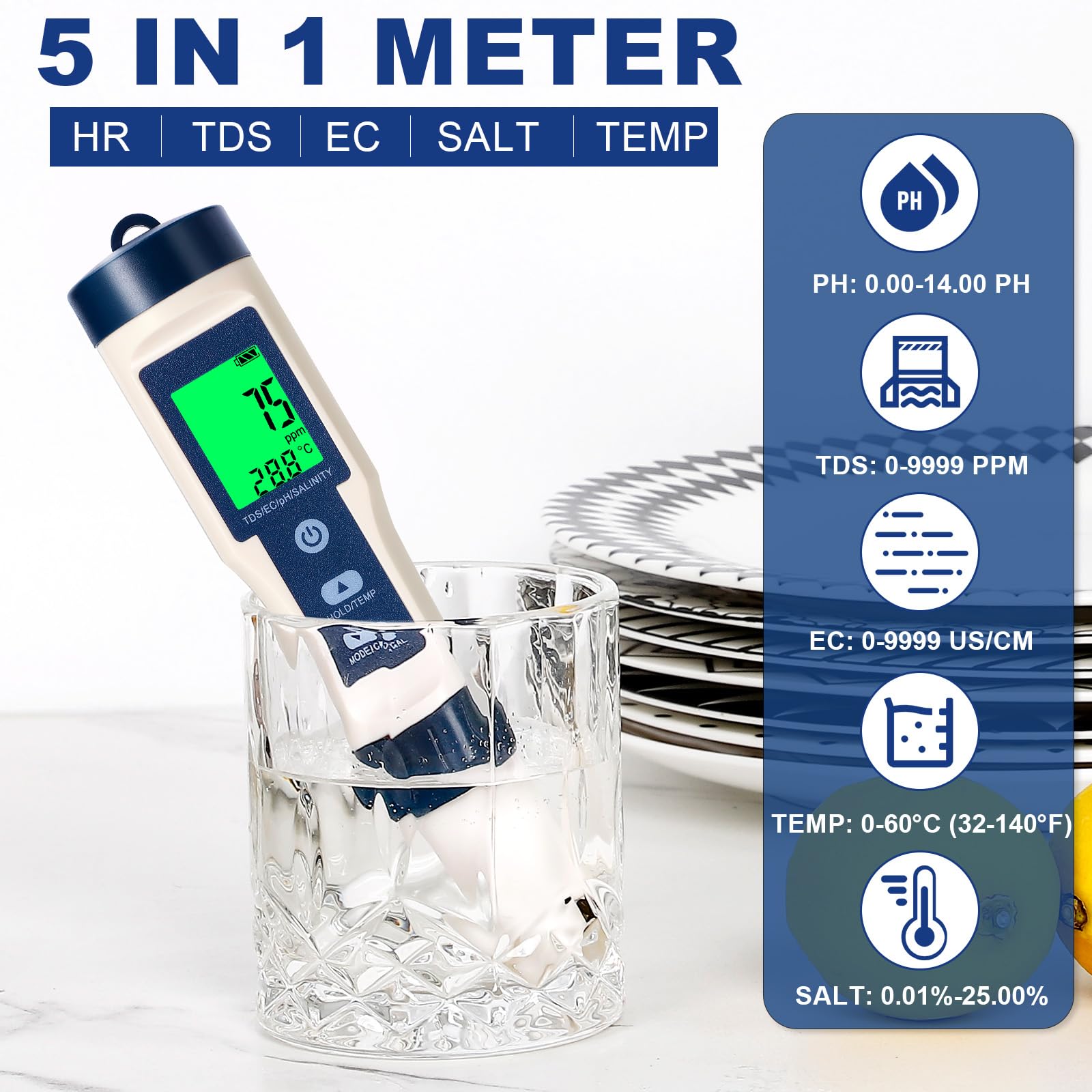 pH Mètre 5 en 1, Testeur de Qualité de l'Eau pour pH/TDS/EC/Salinité/Température, pH Mètre Numérique avec LCD Rétroéclairé et Étalonnage Automatique pour Eau Potable, Hydroponie, Piscine, Aquarium