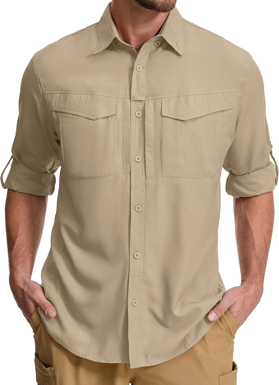 mixtiq Men's Sun Protection Safari Shirts Long Sleeve UPF 50 UV Quick Dry Travel Hiking Fishing Shirts with Zipper Khaki X-Large