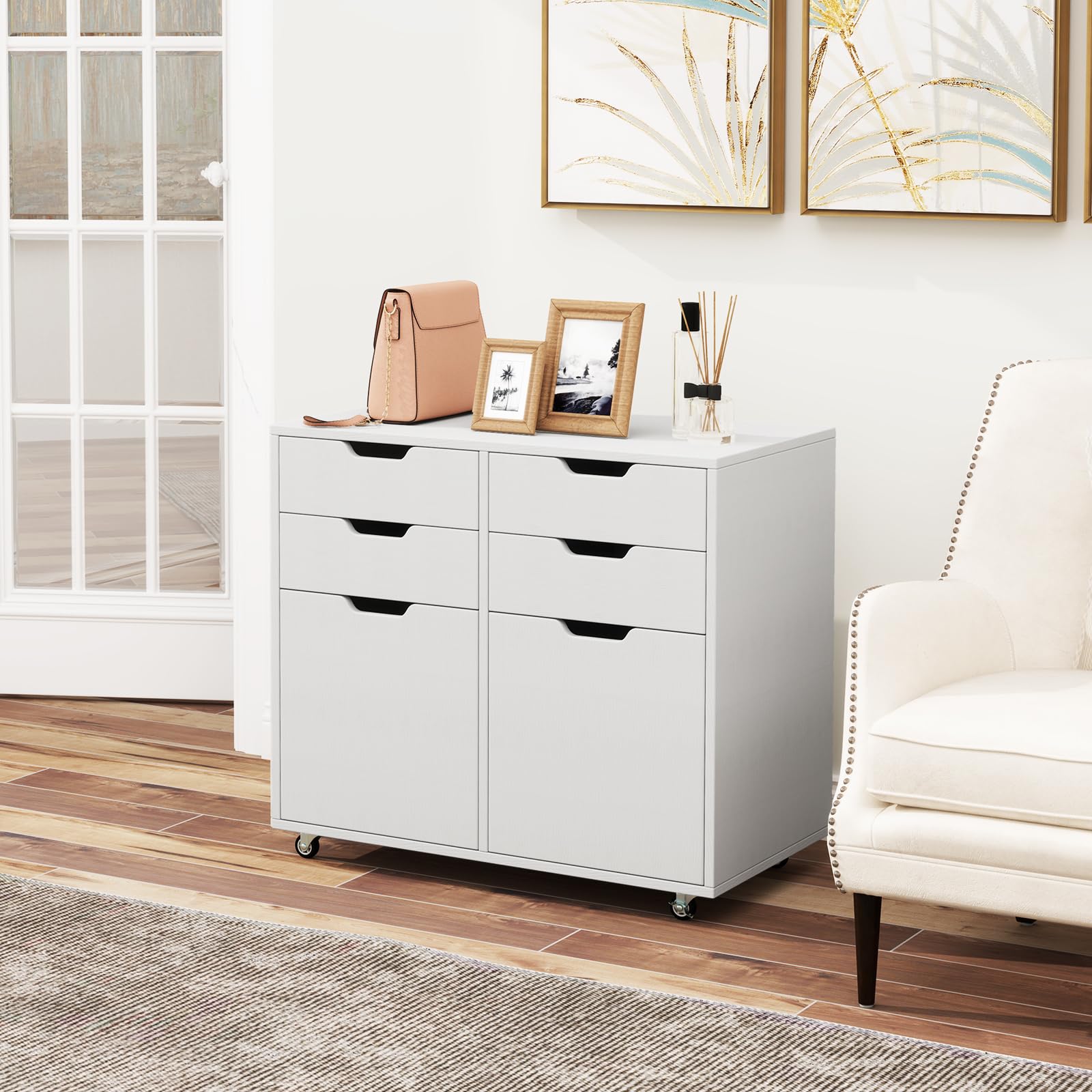 KOMFOTTEU Raccoglitore mobile con 5 ruote, cassettiera con 4 cassetti e 2 armadi con porte, supporto per stampante in legno, mobile di stoccaggio per ufficio, soggiorno