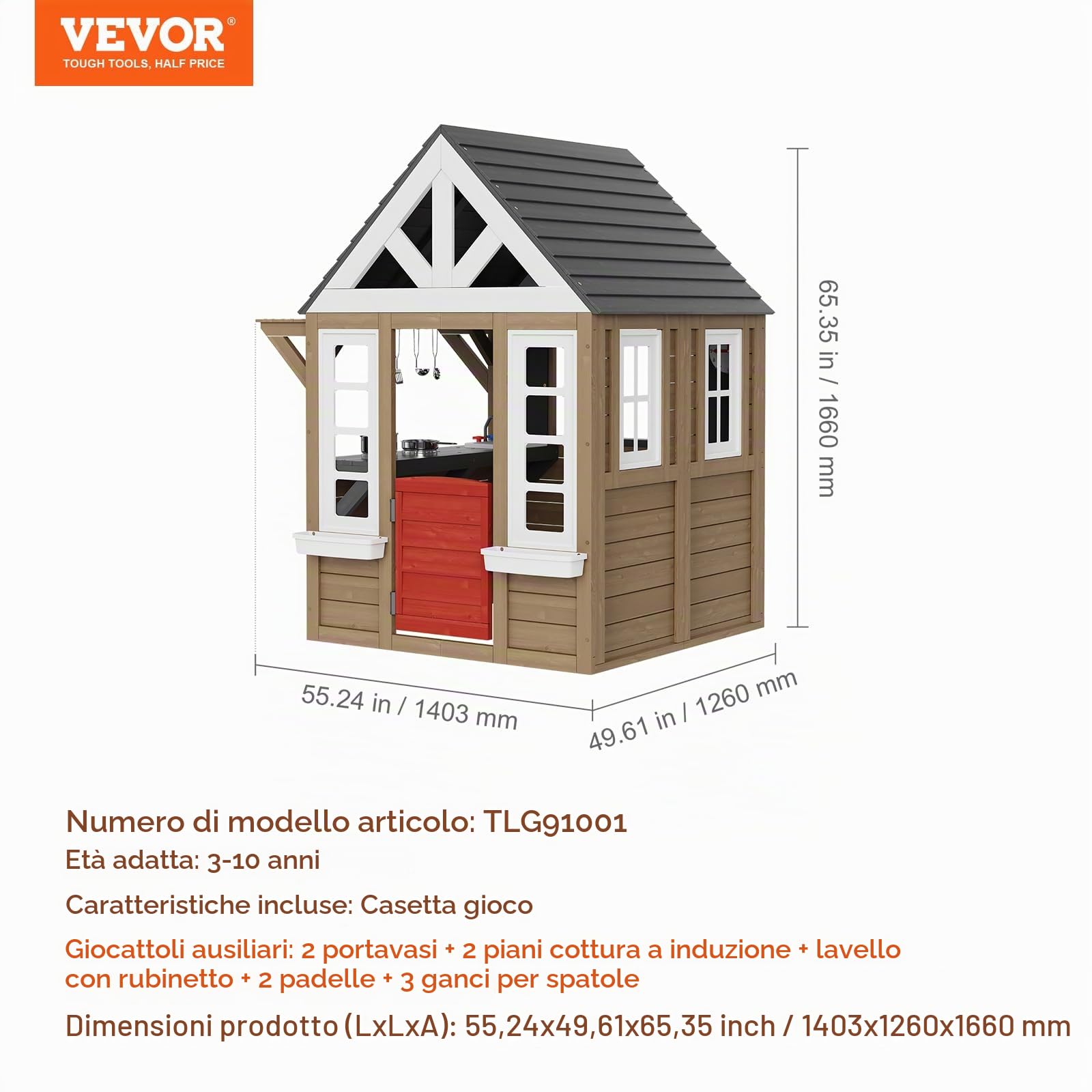 VEVOR Casetta da Gioco per Bambini da Esterno in Legno, Casetta da Giardino per Bambini, Casetta Gioco da Cortile con Porta, Finestra, Supporto per Vaso di Fiori, Griglia, Fornello e Lavello