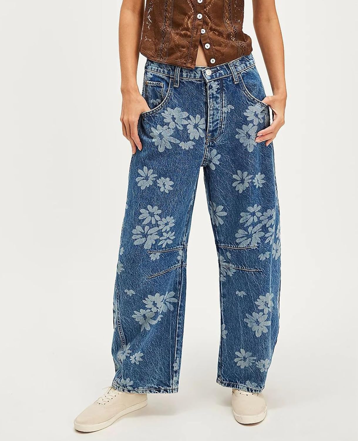 Lisskolo Barrel Jeans for Women Vintage Boho Floral Print Baggy Wide Leg Jeans Y2k Boyfriend Patchwork Denim Pants