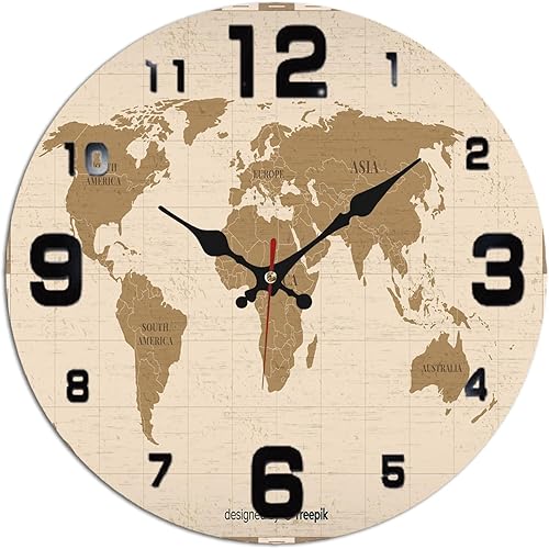 Vintage World Map Wooden Wall Clock with Arabic Numerals for Retro Travel Decor 25x25cm