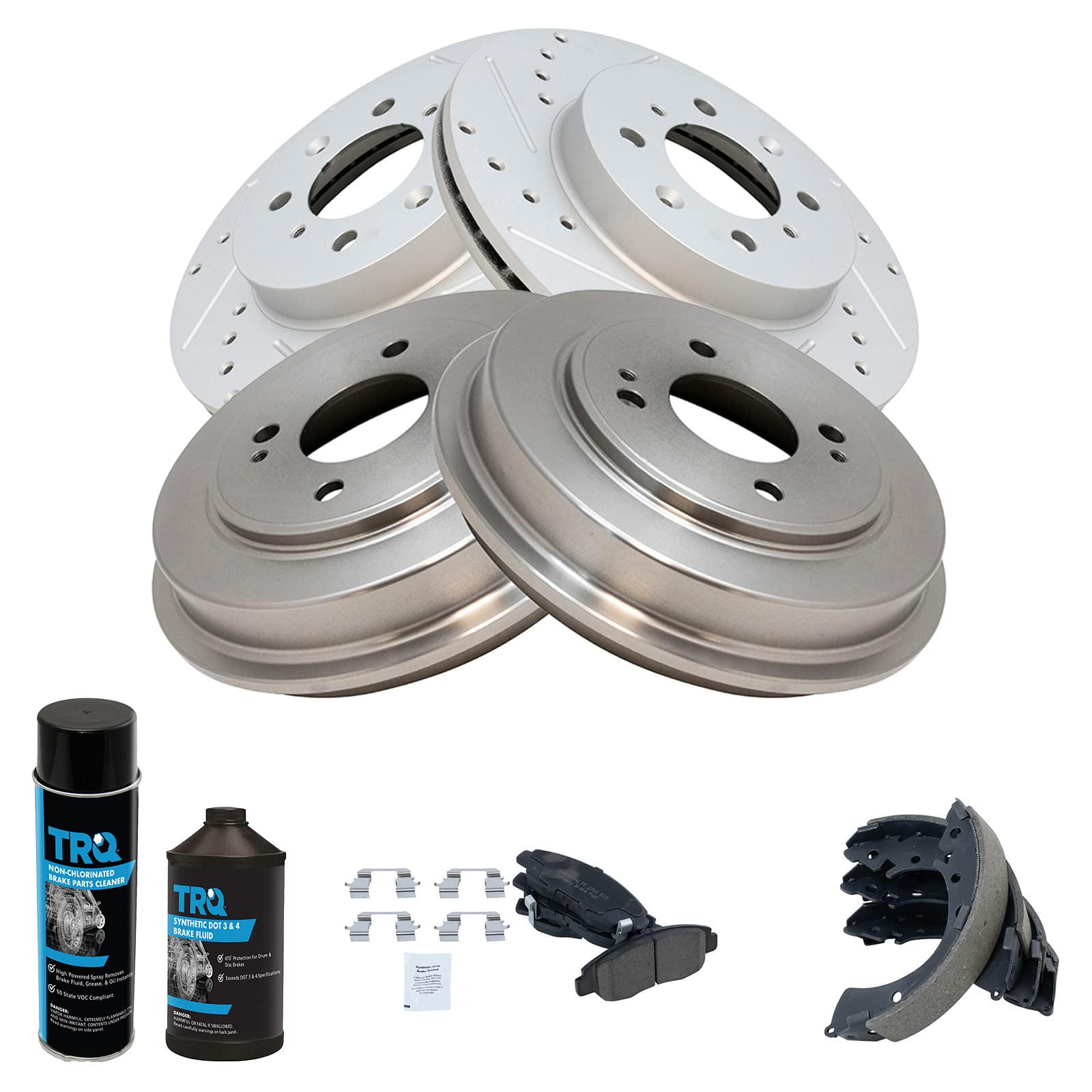 TRQ Front Ceramic Pads Rotors Rear Drums Shoes & Fluids Kit for Honda