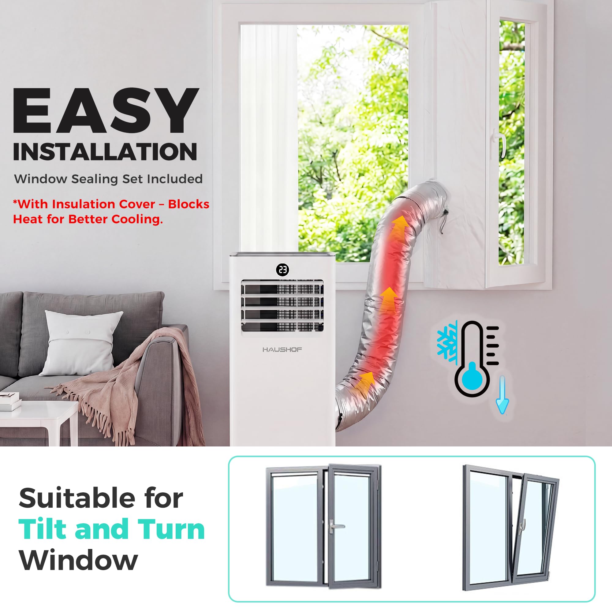 HAUSHOF Przenośny klimatyzator 9000 BTU, 4 w 1 z wężem powietrza wylotowego i osłoną izolacyjną, chłodzenie/osuszanie/wentylacja/tryb nocny, 330 m³/h, z zestawem uszczelek okiennych, do pomieszczeń do