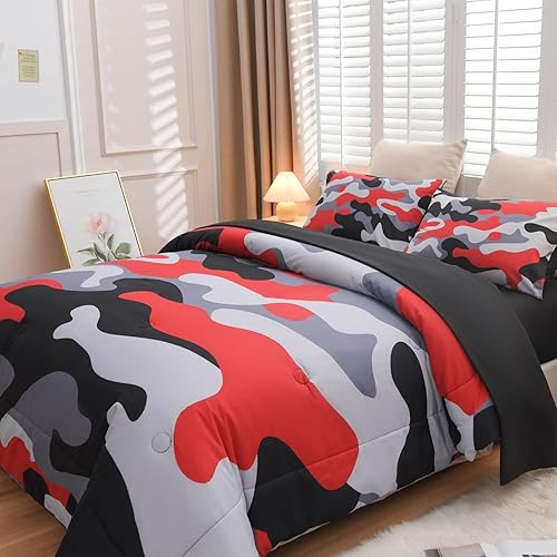 Vista 121 de Meeting Story Juego de ropa de cama de camuflaje, juego de edredón estilo patrón colorido, 5 piezas, un edredón, dos fundas de almohada, dos sábanas