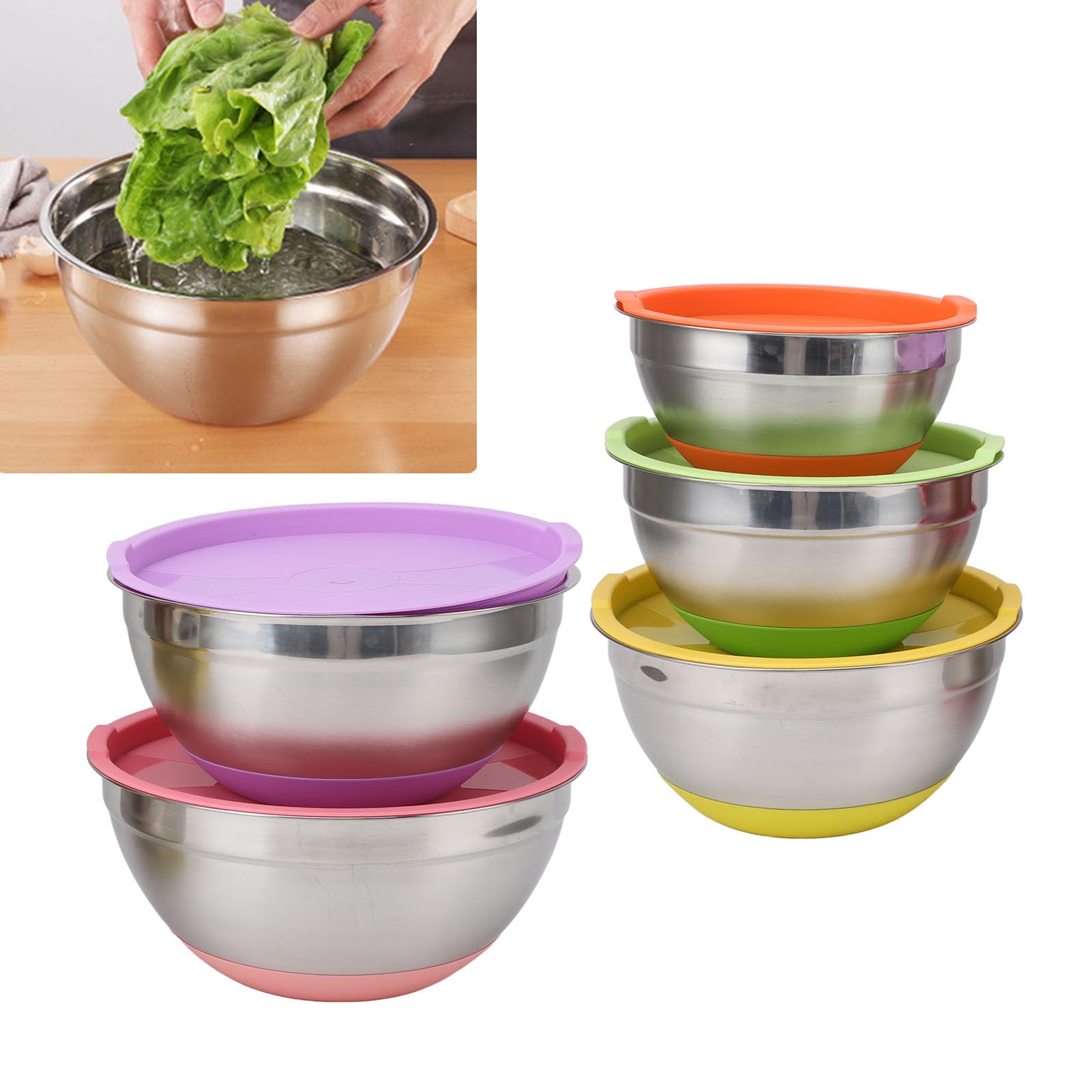 Mikrowellengeeignetes Rührschüssel-Set, 5-teiliges Schüssel-Set mit Deckel für die Küche, Edelstahl, bunt, ineinander stapelbar, zum Backen, Vorbereiten, Kochen,