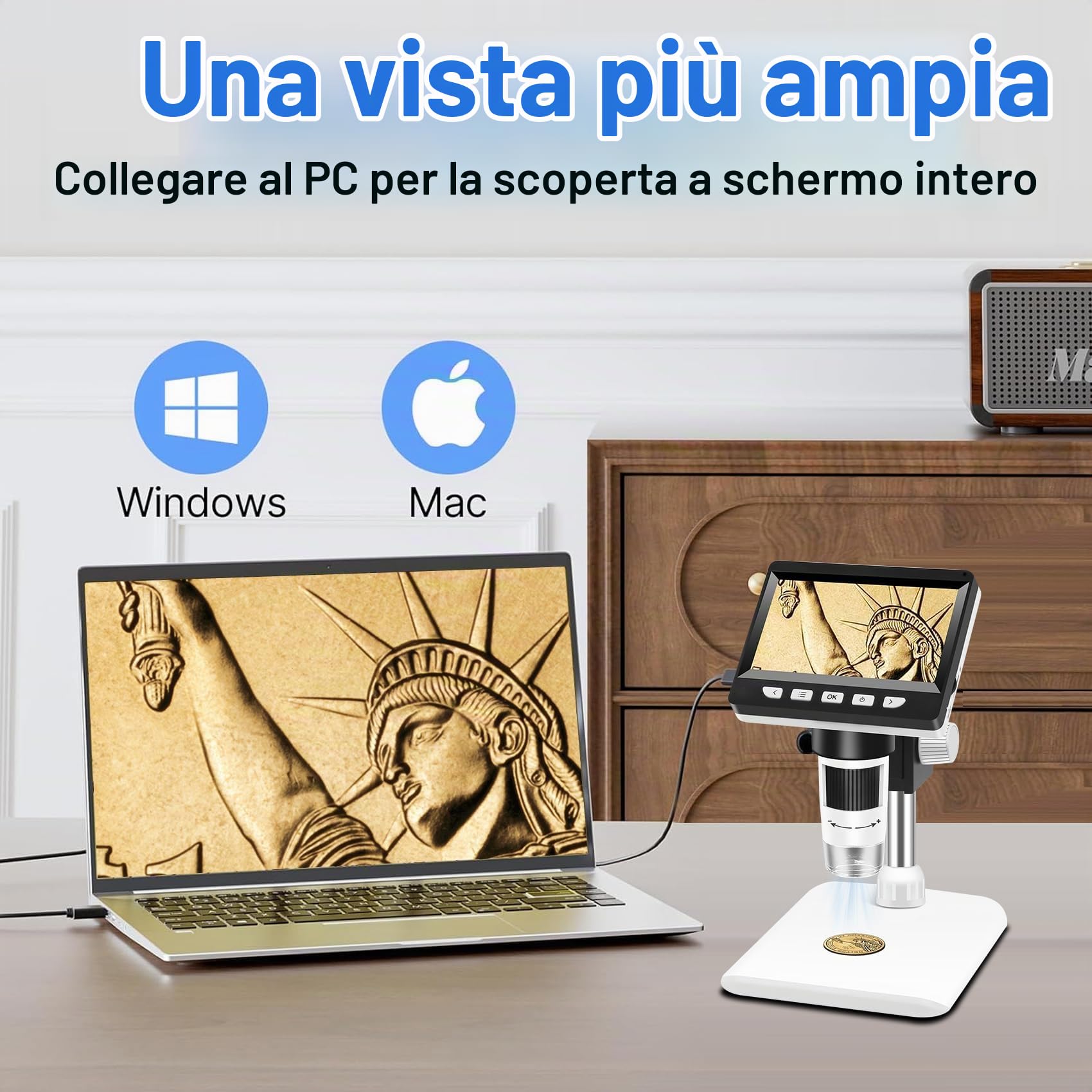 Microscopio Digitale, 4,3" 1080P Microscopio Elettronico con Ingrandimento 50x-1000x, 8 Luci LED Regolabili, Vista PC, Compatibile PC/Windows/Mac OS, 32GB