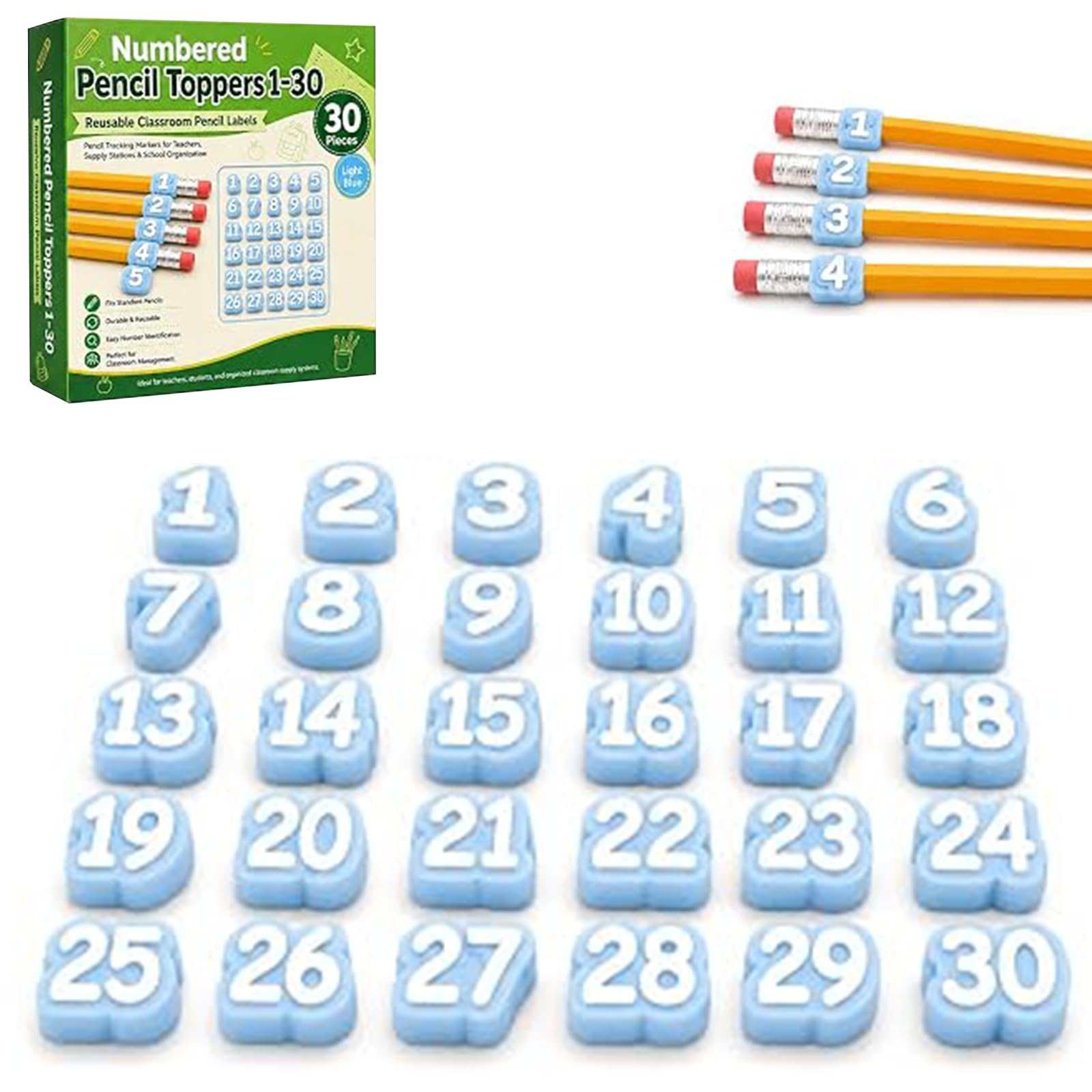 20/30/50 Pcs Numbered Pencil Toppers, Reusable Classroom Pencil Labels for Supply Tracking Station & Organization, Classroom Management Must Haves for Teachers (Light Blue, Number 1-30) โ image 1