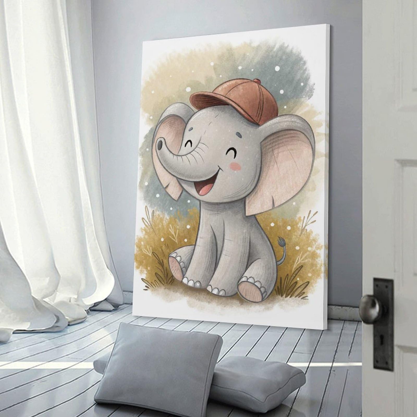 Junmoney Canvas Wall Art Cute Elephant Wearing A Cap, 20x30inch(50x75cm), for Corridors, Hallways Or Apartment Entries, Decorative Canvas Styling for Entry Areas