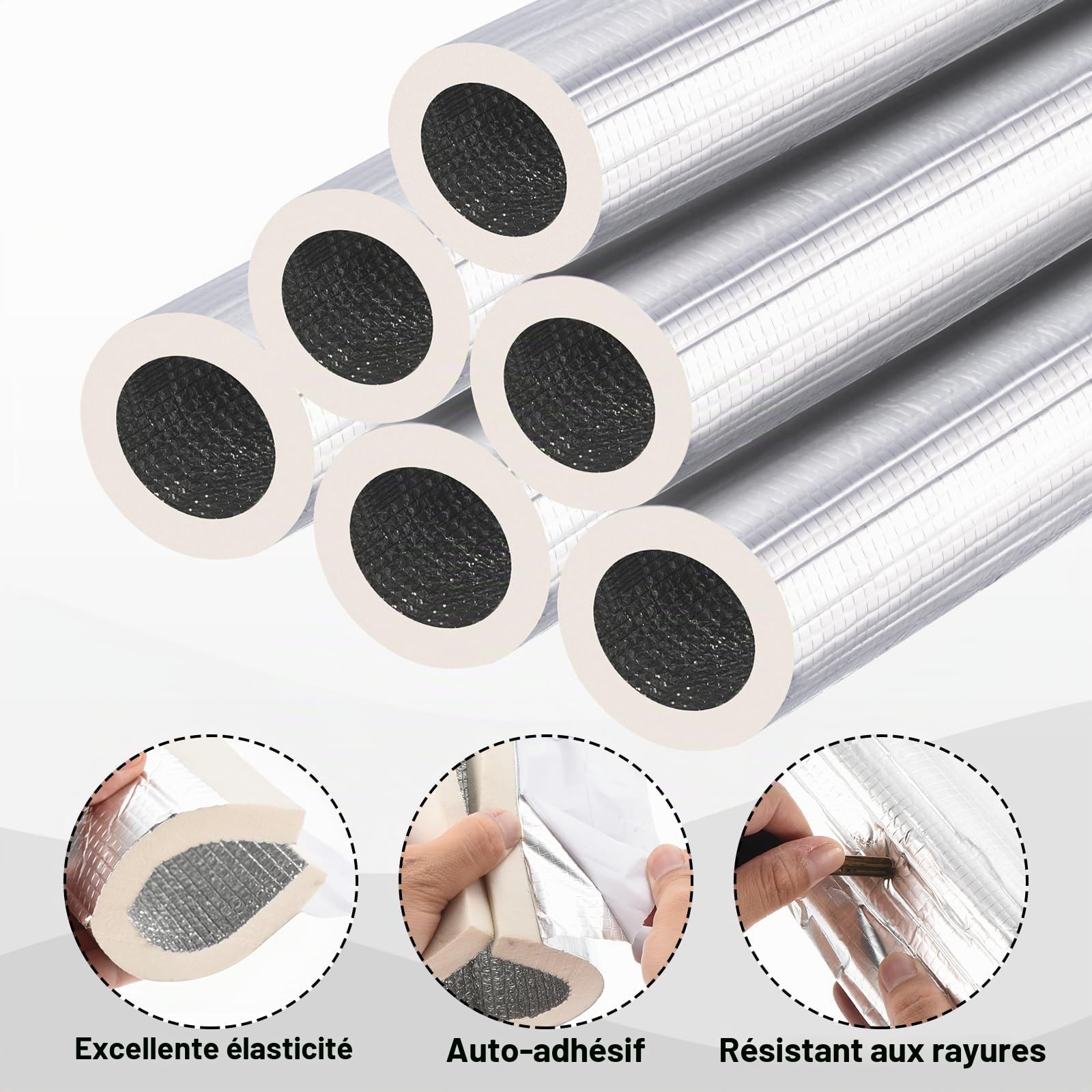 PATIKIL 1.3Ft de Long 22mm(7/8") Id 52mm Od Tube de Mousse D'Isolation de Tuyau,6 Pcs 15mm Épais Film de Protection Contre Le Gel pour Tuyaux Auto-Adhésifs, Avec Feuille D'Aluminium