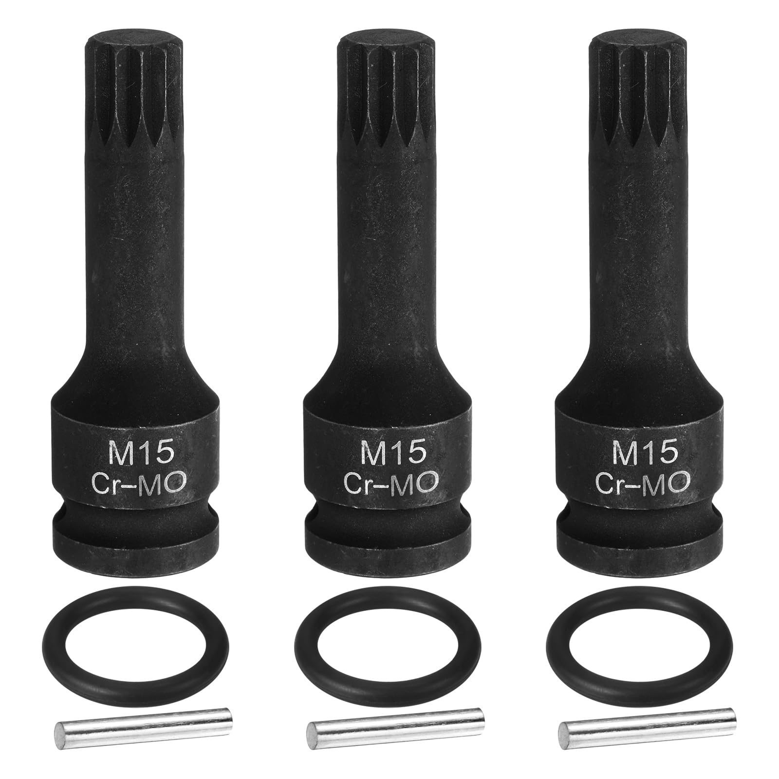 sourcing map 3pcs 1/2" Drive M15 Triple Square Impact Spline Bit Socket 15mm CR-MO Steel 12-Point Triple Square Sockets with Cotter Pin and O-Ring for Power Drill Drivers Adapter