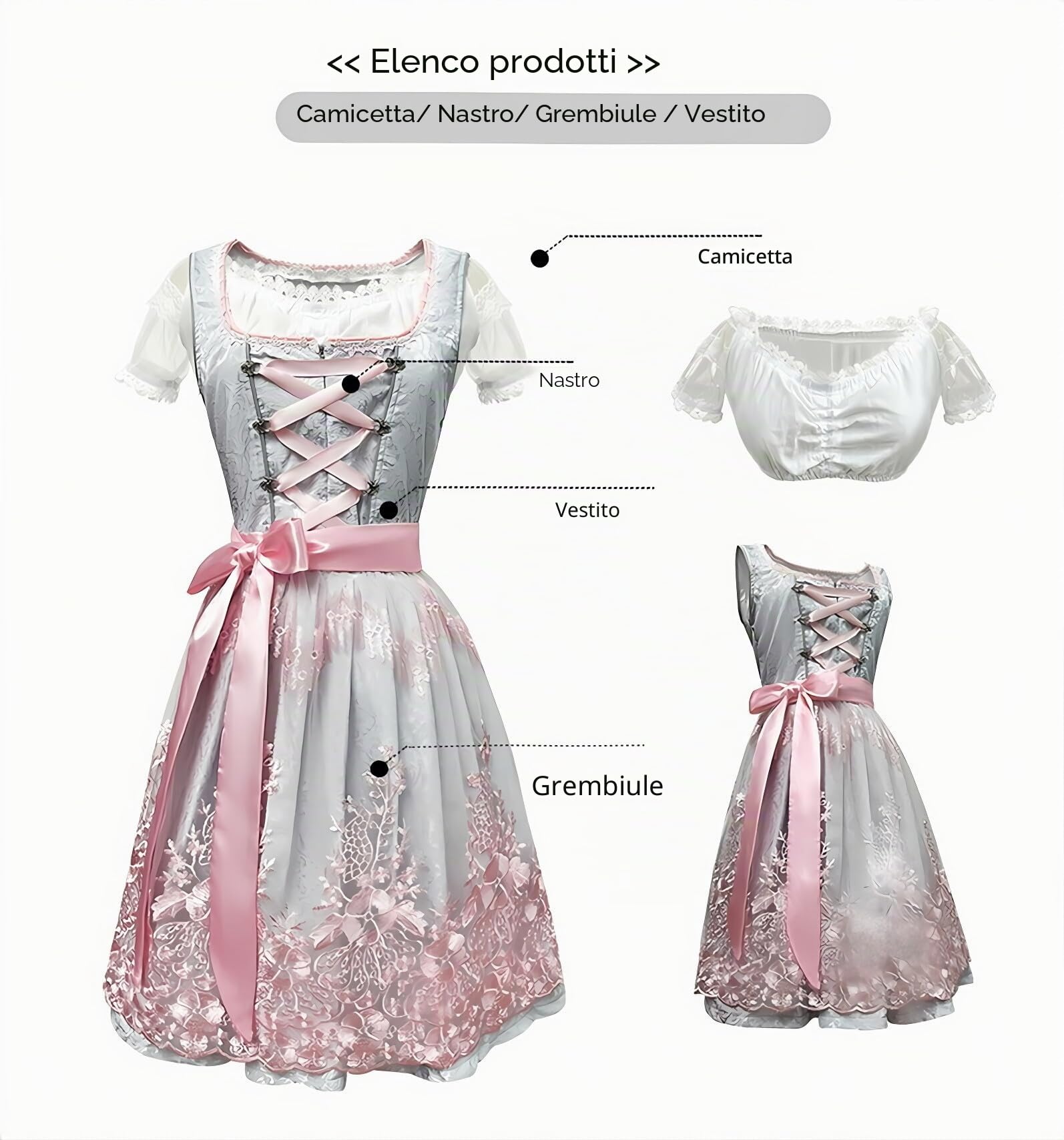 Abito tradizionale bavarese da donna, dirndl, con pizzo, con camicetta e grembiule, 3 pezzi, per Oktoberfest, Carnevale
