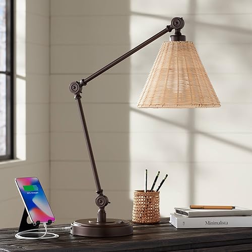 Barnes and Ivy Rowlett - Lámpara de mesa de escritorio rústica estilo rústico con puerto de carga USB, 28.5 pulgadas de alto, pantalla cónica de