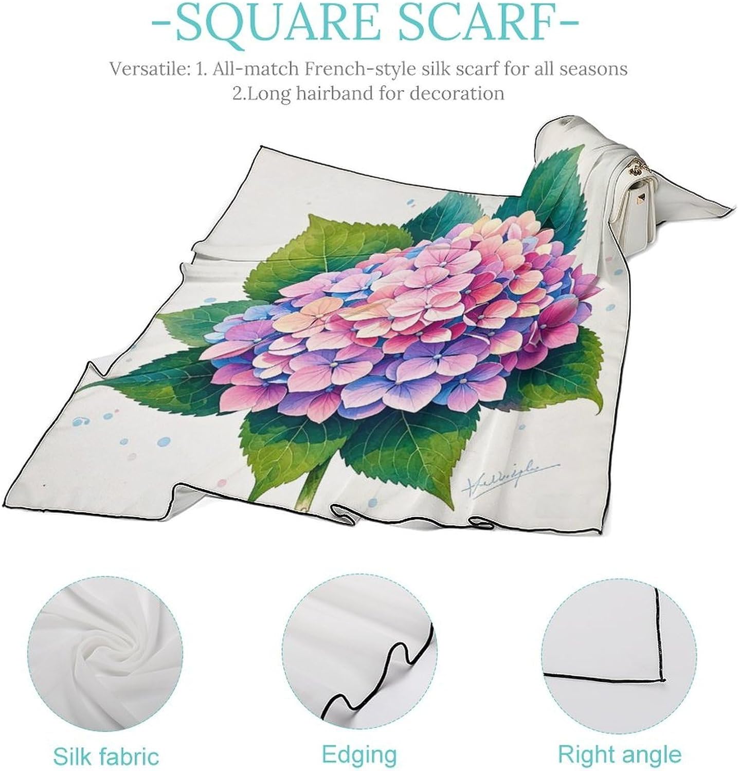Watercolor Hydrangea Hair Scarf for Women, Lightweight Square Head Shawls for Men, Fashion Neckerchief for Travel, Hair Bandanas, Silk Satin Neck Scarf for Sleeping, 27 Inches