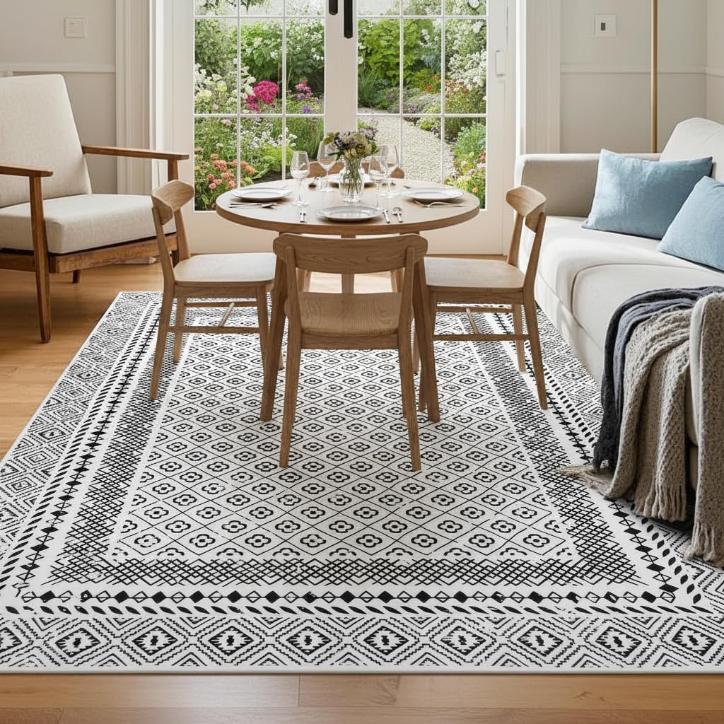 SHACOS 6x9 ft Living Room Rugs Soft Low Pile Non Slip Washable Area Rug Floor Mat Moroccan Geometric Bordered Rug for Bedroom Dining Room, Black White