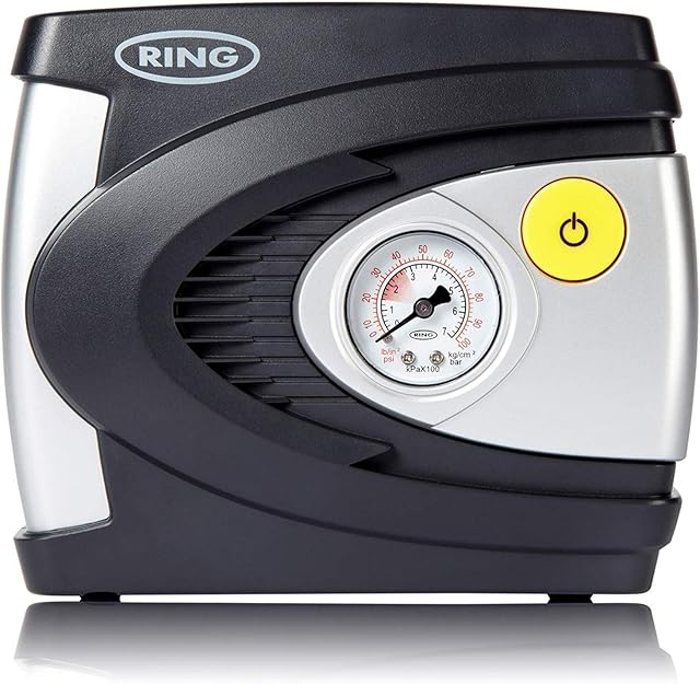 Ring Automotive RAC610 12v electric tyre inflator air compressor car pump with pressure gauge and valve adaptors for car, motorbike, bike, ball and inflatables