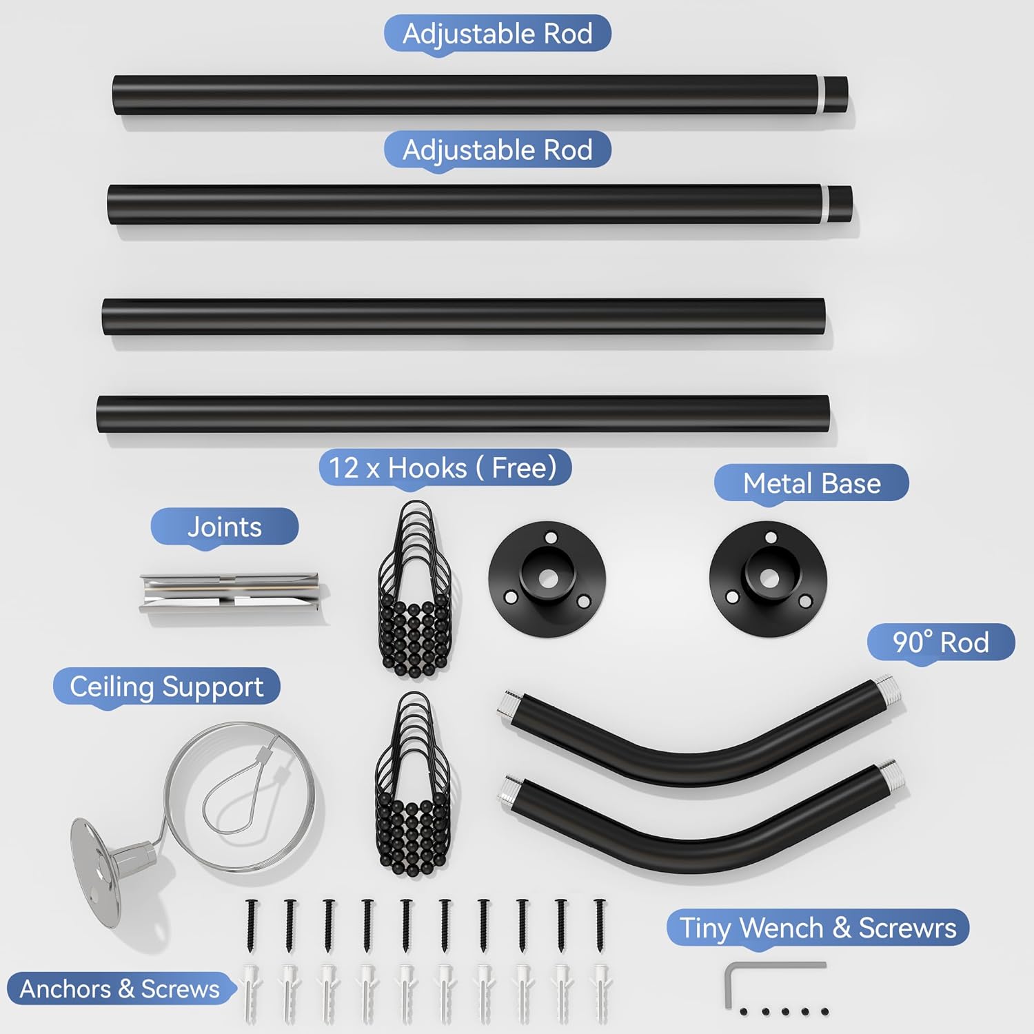 Corner Shower Curtain Rod, Diamond Shaped Shower Pole, Curved Shower Curtain Rod for Bathroom, 304 Stainless with 12 Ring Hooks & Ceiling Support [Sides: 22"-34.8", Middle: 28"-43.7"] (Black)