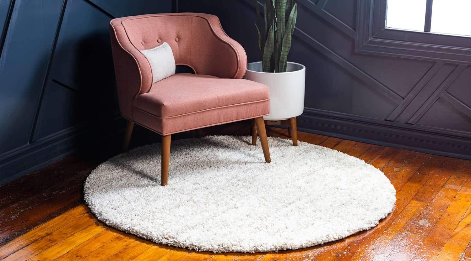 Unique Loom Hygge Shag Collection Modern Moroccan Inspired, Plush & Cozy Area Rug (5' 0 x 5' 0 Round, Ivory/ Tan)