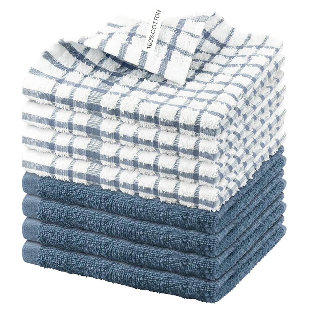 Nialnant 8PCS Dish Cloths,100% Cotton Soft Absorbent Cleaning Rags,Quick Drying Dish Towels for Kitchen,Washing Dishes-Little Blue,12x12in