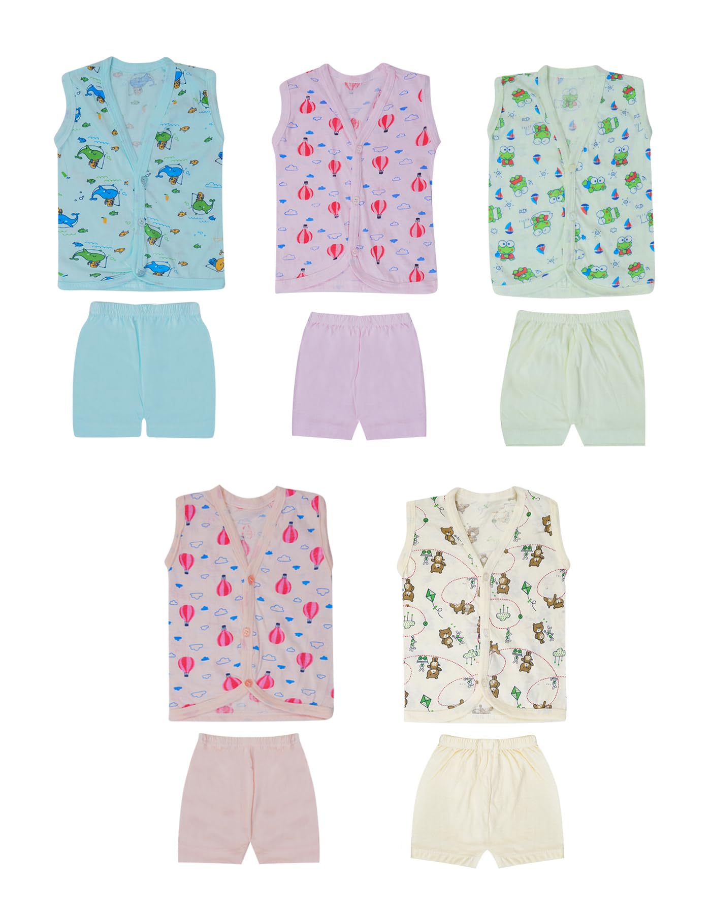 Unisex-Child Cotton Top And Bottom Set, Front Button Type, Rich Printed Casual Dress (0-6 Month) (Pack Of 5 Set), Multicolor