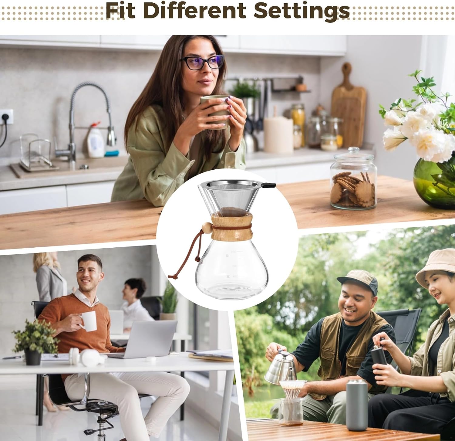 Pour Over Coffee Maker, Heat Resistant 20 oz Borosilicate Glass Carafe, Stainless Steel Filter, Wood Collar, Ideal for Home, Office, Camping, Hiking