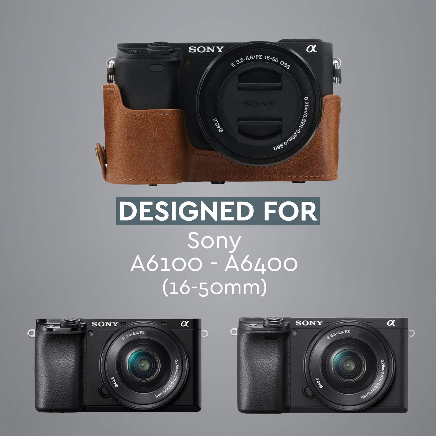 MegaGear MG1647 Ever Ready etui na aparat z prawdziwej skóry kompatybilne z Sony Alpha A6100, A6400 (16-50 mm) - brązowe