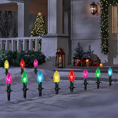 Guirnalda de luces navideñas para caminos de 38 pies para exteriores con 25 estacas de marcador multicolor C9, luces extensibles para exteriores,