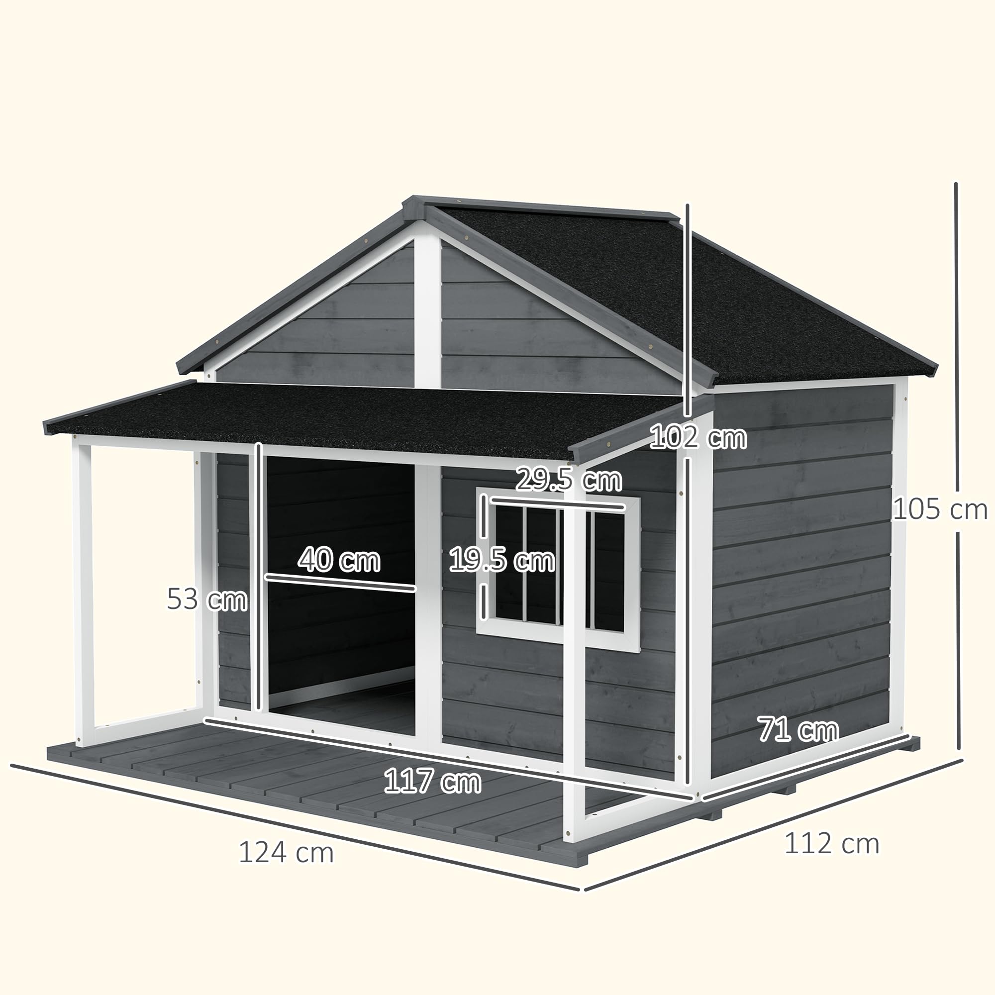 PawHut Cuccia per Cani da Esterno con Tetto in Bitume Impermeabile, Casetta per Cani in Legno Massello con Finestra e Terrazza, 124x112x105cm, Grigio